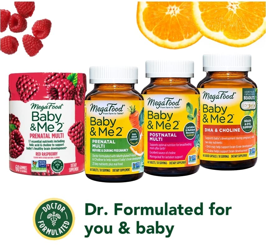 MegaFood Baby & Me 2 Prenatal Multi - Prenatal Vitamins for Mom & Developing Baby - Dr Formulated with Essential Nutrients Like Folic Acid, Choline, Biotin, and More - Non-GMO Tabs