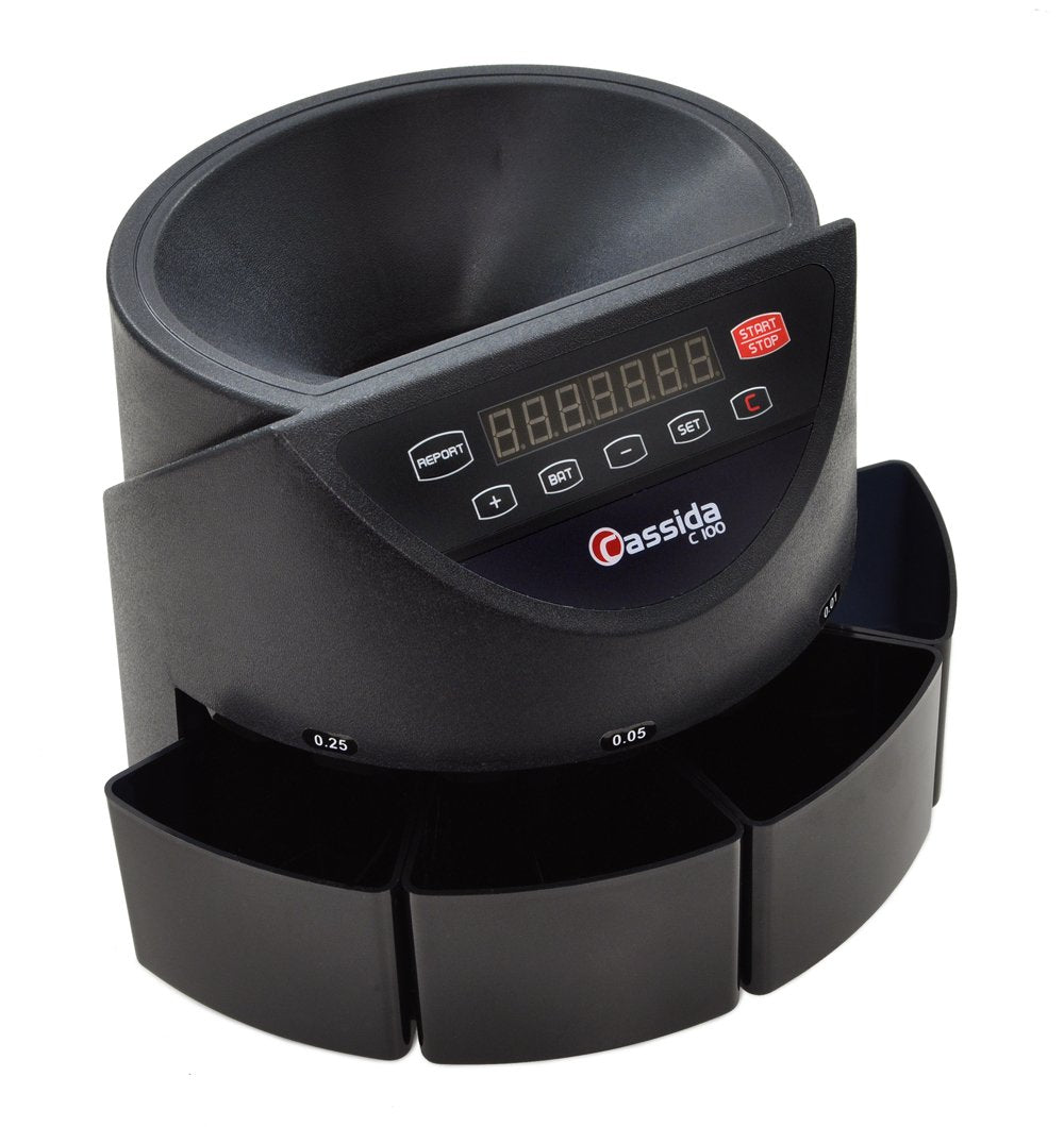 Cassida C100 Electronic Coin Sorter/Counter, Countable Coins 1¢, 5¢, 10¢, 25¢, 250 Coins/min, 110 VAC