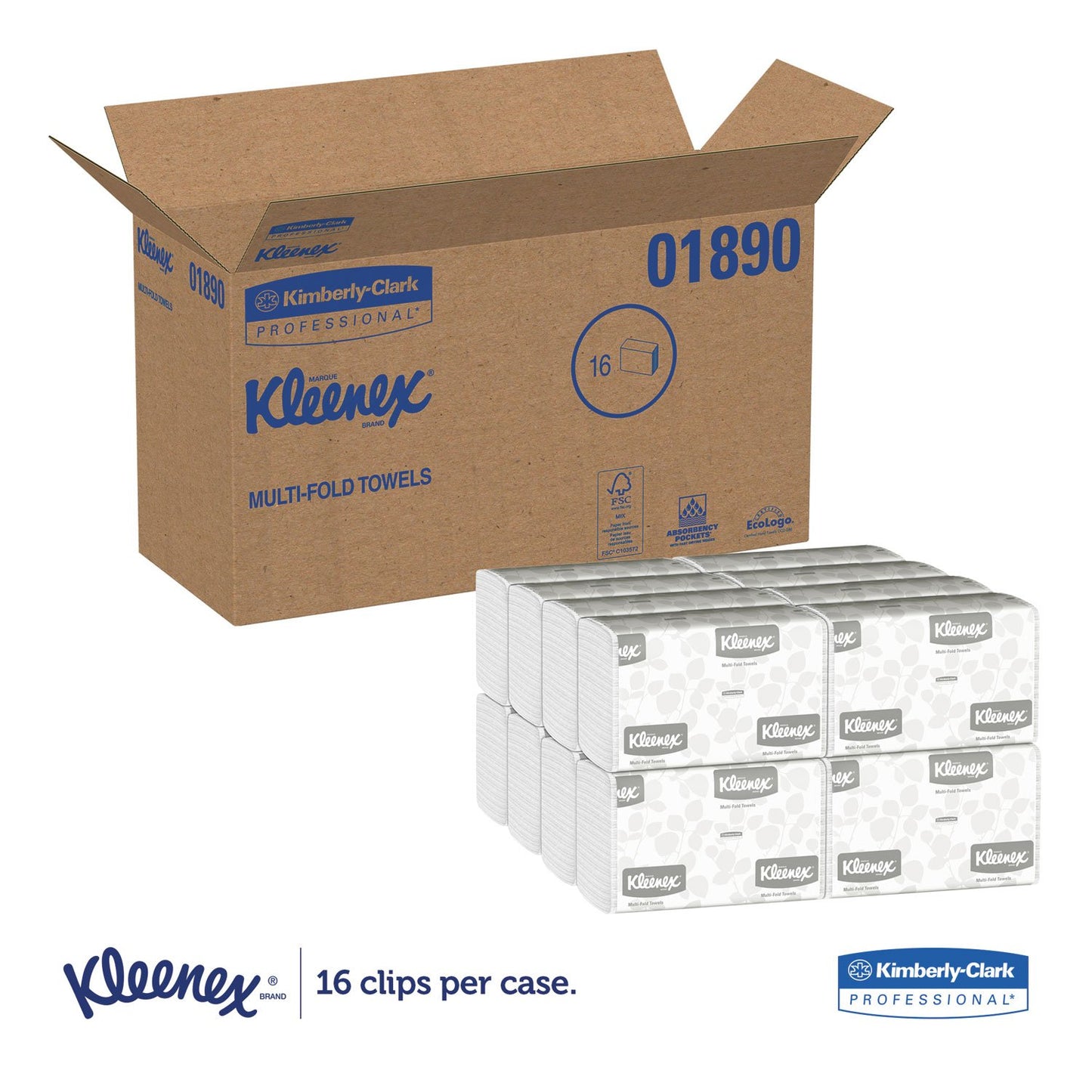 Kleenex 01890 Multifold Towels, 9-1/5-Inch x9-2/5-Inch , 150 Towels/PK, 16/CT, White