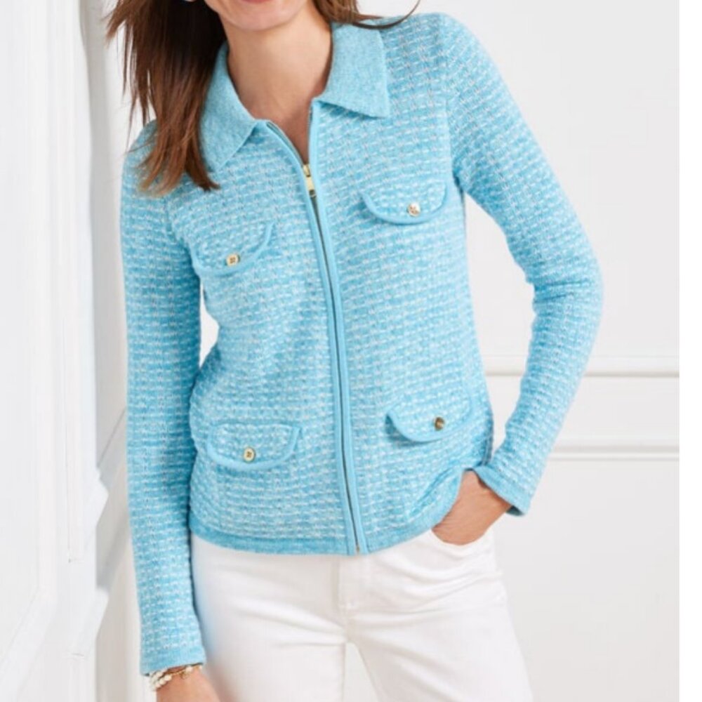 TALBOTS COLLARED ZIP CARDIGAN - DASH STRIPE, S 5852