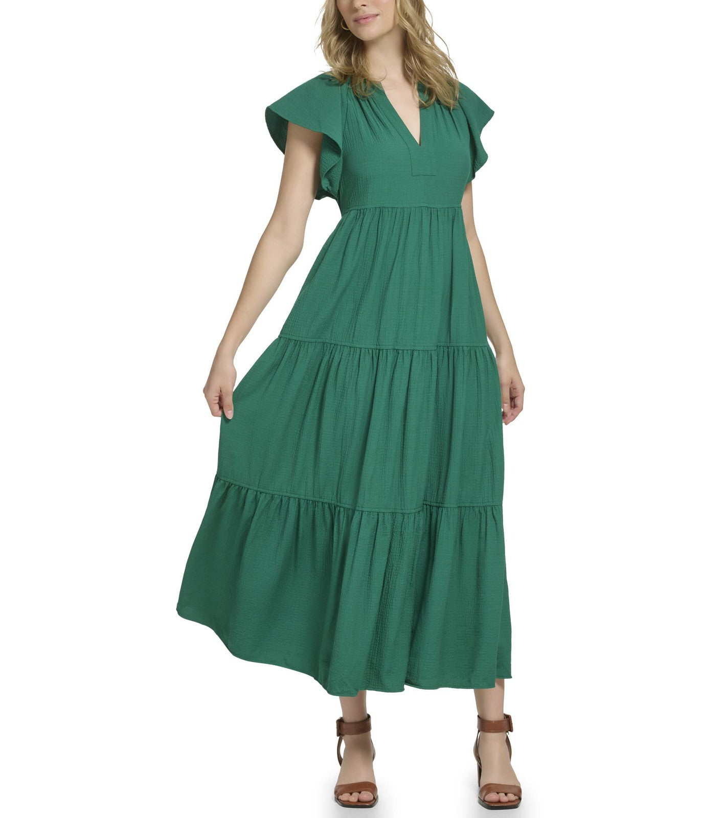 Calvin Klein Gauze Midi Dress with Pleated Tiers for Women, Split V-Neckline