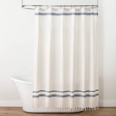 Hearth & Hand with Magnolia Embroidered Dobby Stripe Shower Curtain Sour Cream/Blue - Hearth & Hand™ with Magnolia