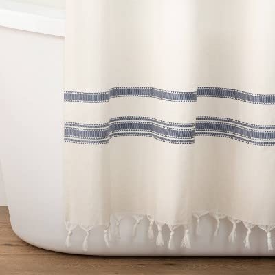 Hearth & Hand with Magnolia Embroidered Dobby Stripe Shower Curtain Sour Cream/Blue - Hearth & Hand™ with Magnolia