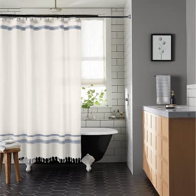 Hearth & Hand with Magnolia Embroidered Dobby Stripe Shower Curtain Sour Cream/Blue - Hearth & Hand™ with Magnolia