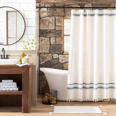 Hearth & Hand with Magnolia Embroidered Dobby Stripe Shower Curtain Sour Cream/Blue - Hearth & Hand™ with Magnolia