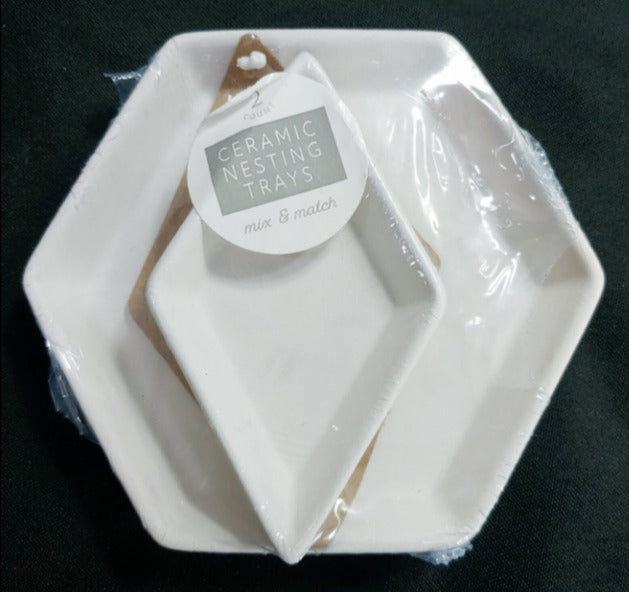 Set of 3 Bullseye's Playground White Bisque Ceramic Hexagon Nesting Trays