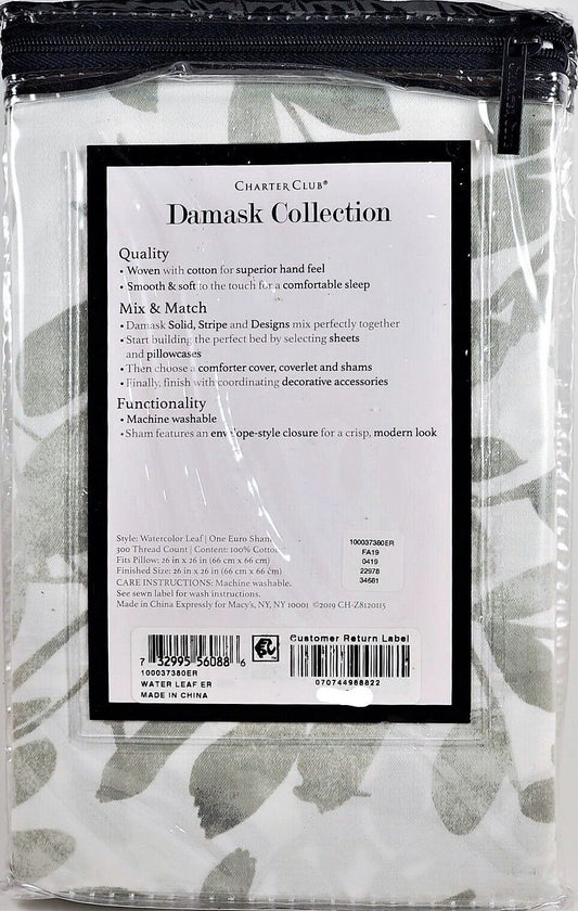CHARTER CLUB - DAMASK DESIGNS COLLECTION - EURO SHAM - Watercolor Leaf - Grey