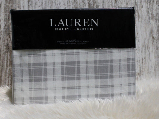 Lauren Ralph Lauren Flannel Ulster Plaid Twin Sheet Set 3 Piece Grey New