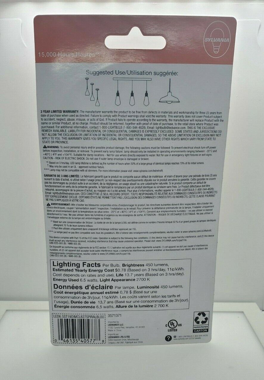 Sylvania LED 40 W Spiral  / ST19 White Dimmable Lightbulb