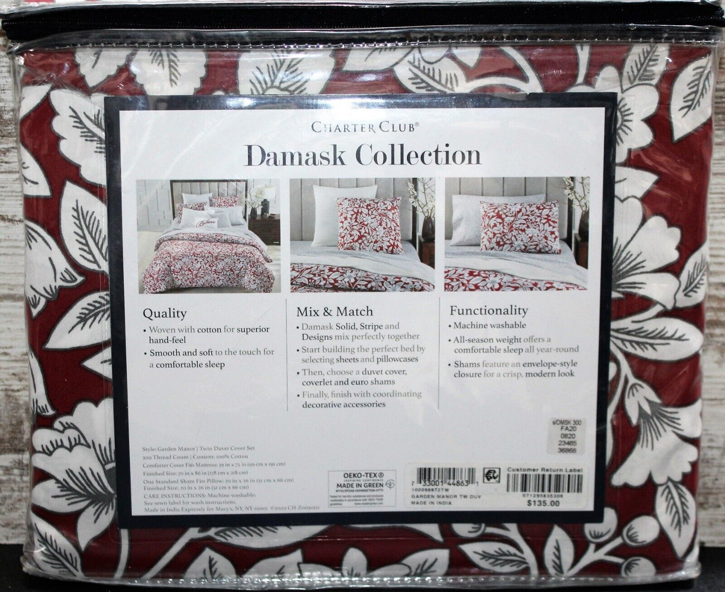 CHARTER CLUB - DAMASK DESIGNS - 2 PC DUVET COVER SET - TWIN - GARDEN MANOR