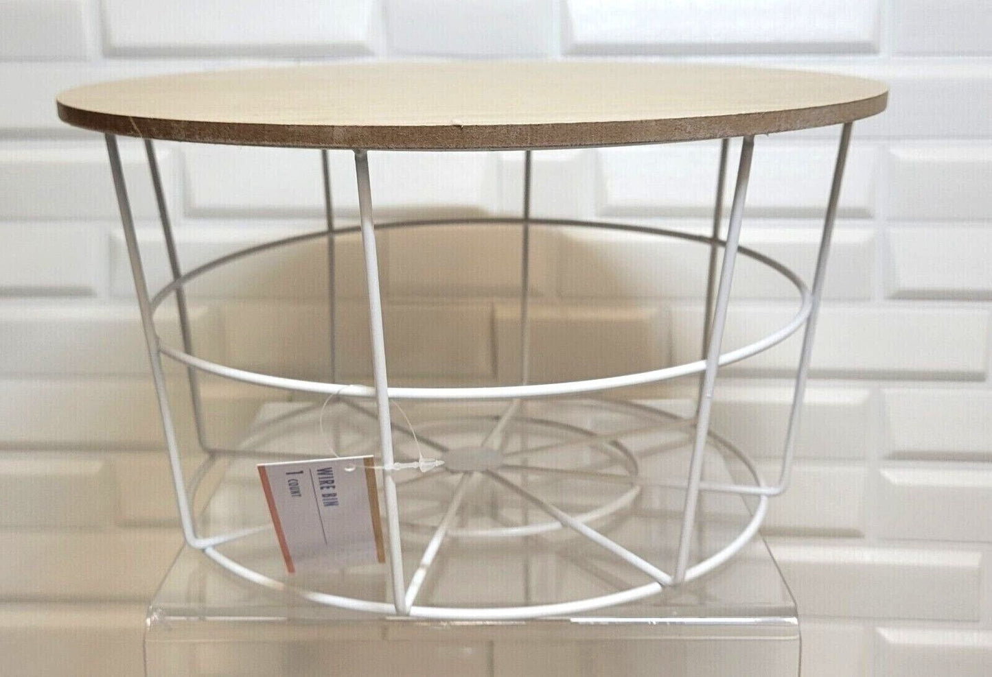 Large White Wire 11" Bin Basket w/ Natural Finish Wood Tray Lid 6" Tall A180