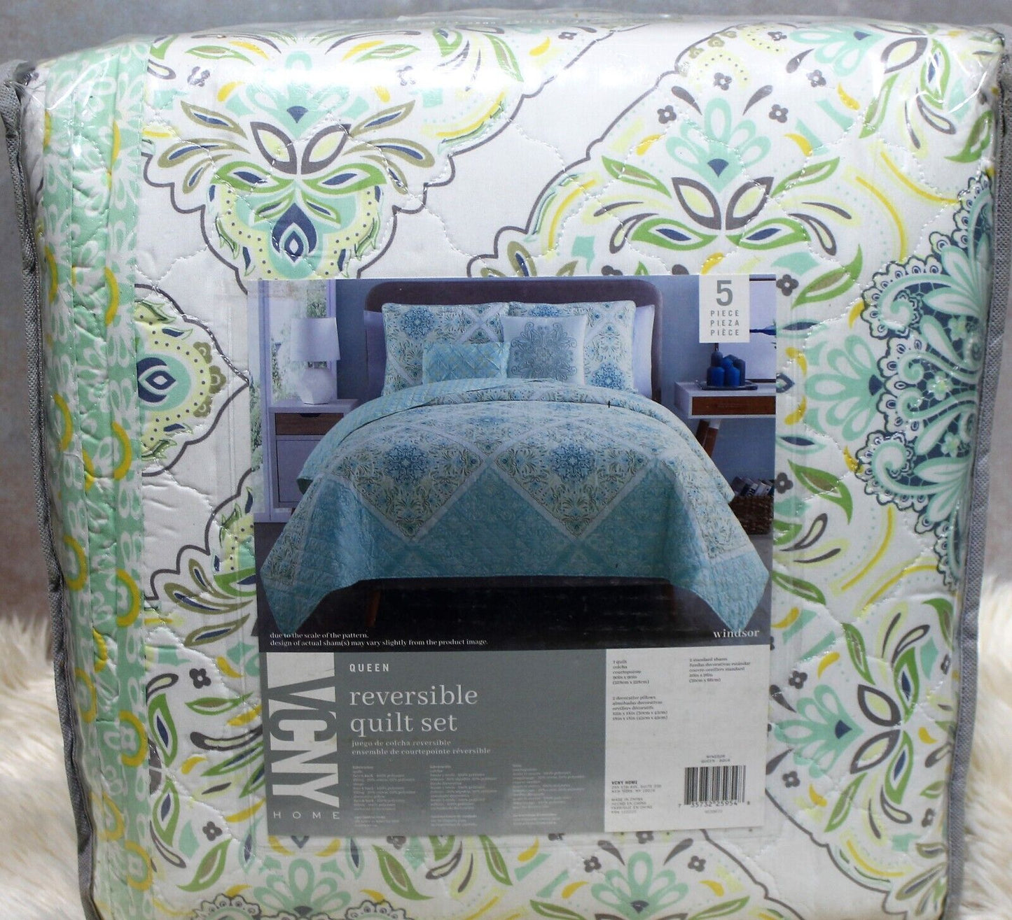 VCNY Home Windsor 5 Piece Reversible Quilt Cover Set - Queen - Aqua/Green