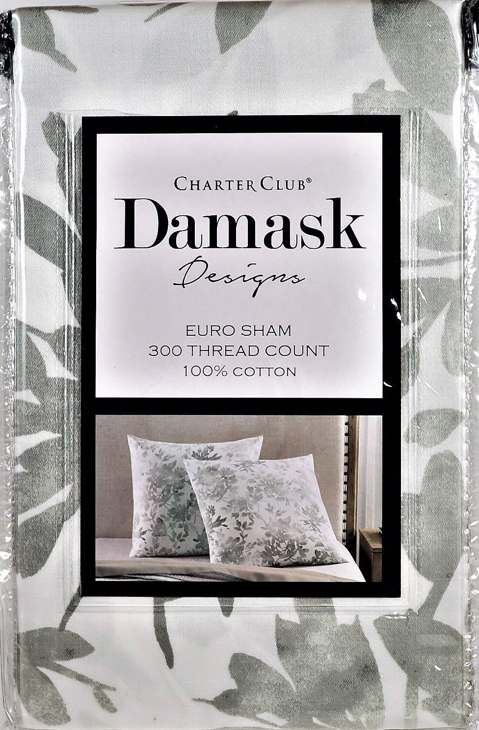 CHARTER CLUB - DAMASK DESIGNS COLLECTION - EURO SHAM - Watercolor Leaf - Grey