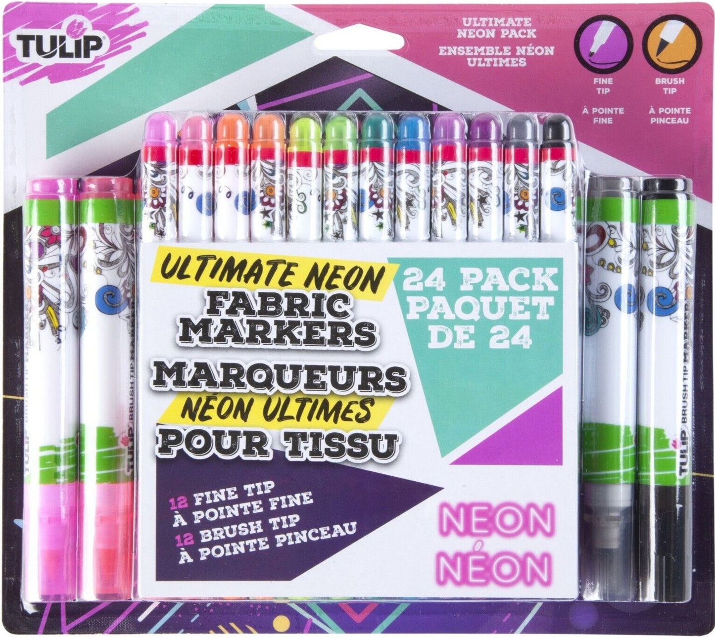 Tulip Ultimate Fabric Brush & Fine Tip Markers 24 pk - Neon (017754442741)