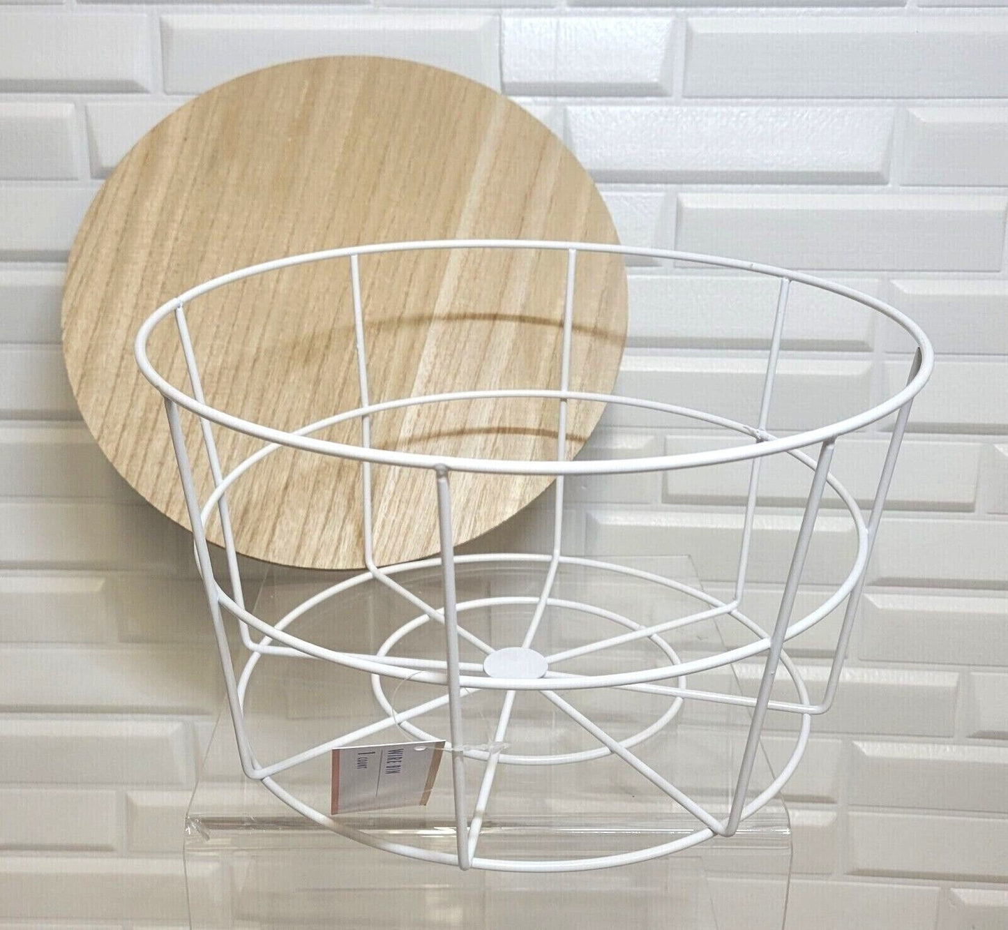 Large White Wire 11" Bin Basket w/ Natural Finish Wood Tray Lid 6" Tall A180