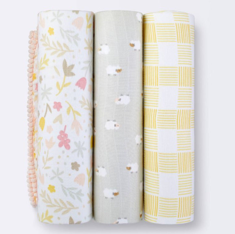 Cloud Island Baby 3pk Multi-color Yellow Gray Pink Muslin Blankets 47x47