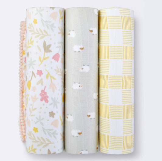 Cloud Island Baby 3pk Multi-color Yellow Gray Pink Muslin Blankets 47x47