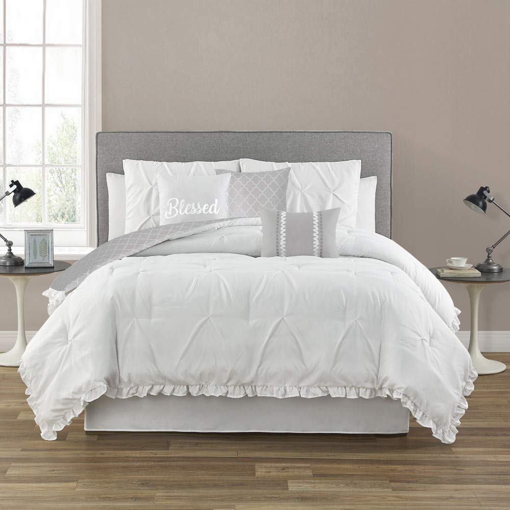 Sander Home Fashions Ruffled 7-Piece Comforter Set Queen Polyester White