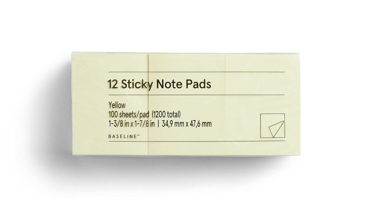 Staples Bl58462-Cc Baseline Yellow Sticky Notes, 1.5 X 2, 100 Sht/Pd, 12 Pd/Pk