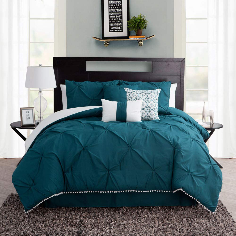 Sander Home Fashions Pom-Pom 7-Piece Comforter Set California King Polyester Teal