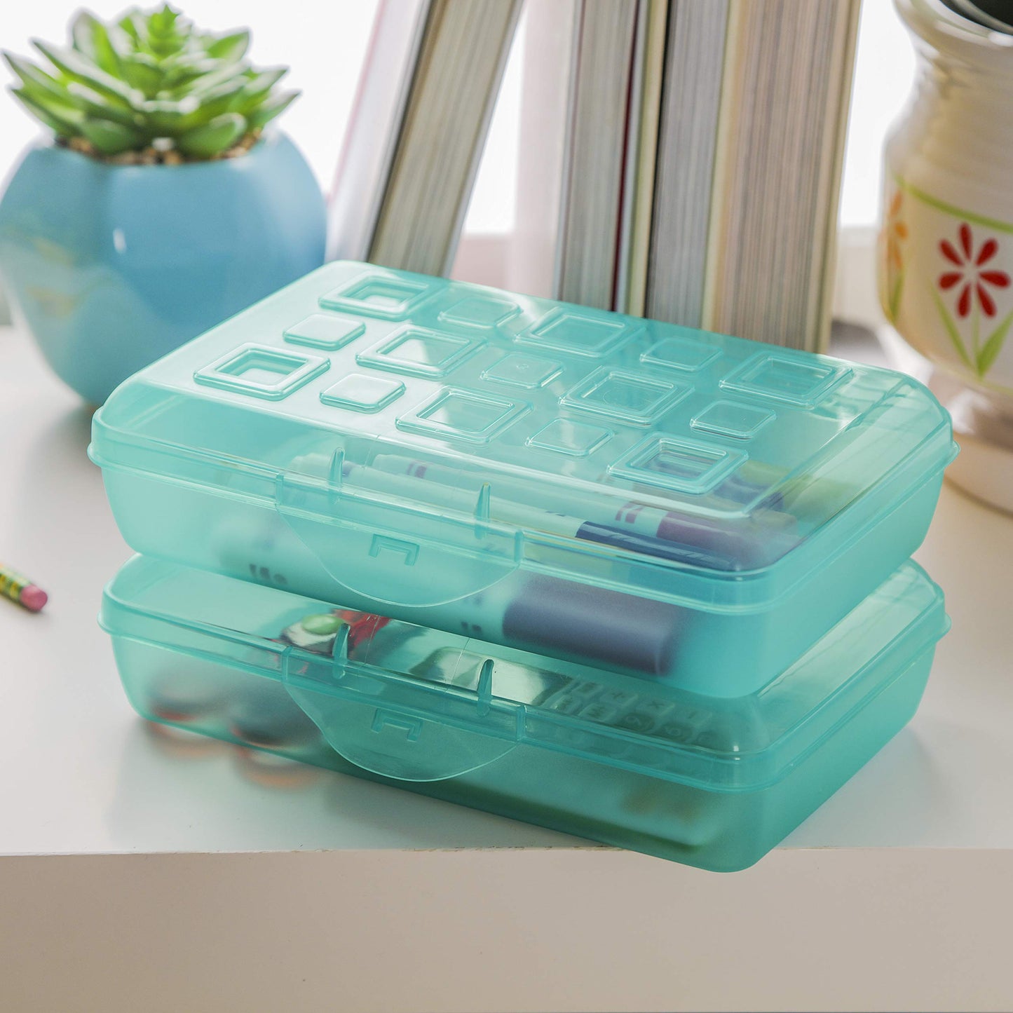 Sterilite Small Pencil Box Plastic, Molokai Blue Tint, 12 Pack