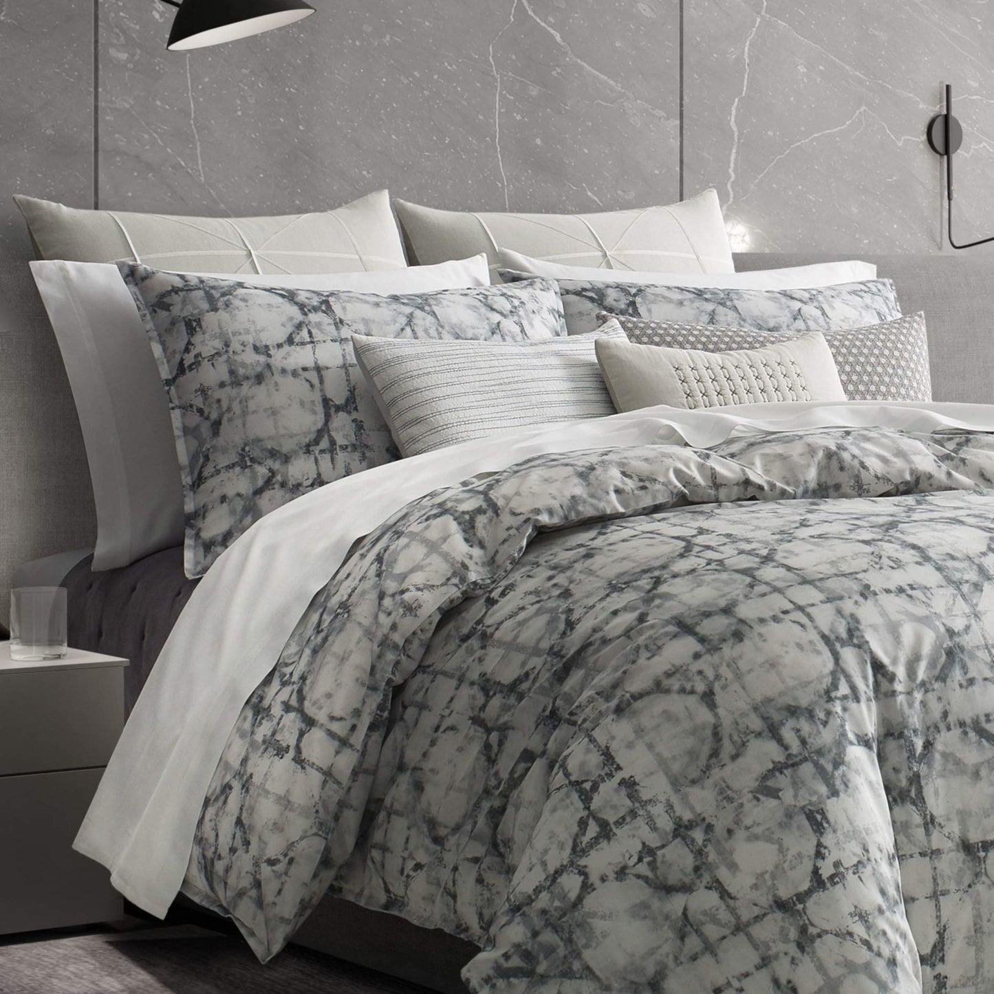 Vera Wang Layered Geometric Cotton Grey Duvet Cover
