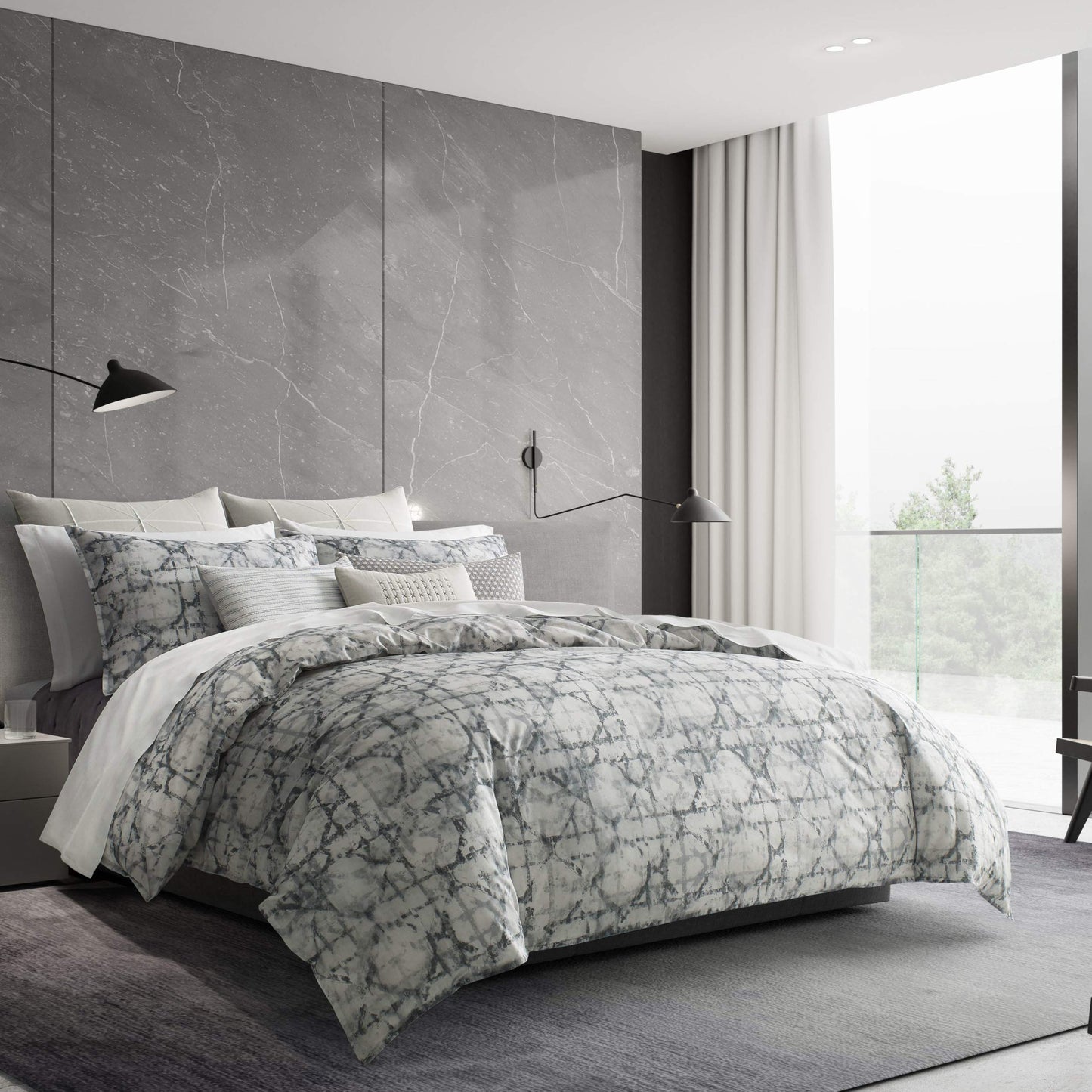 Vera Wang Layered Geometric Cotton Grey Duvet Cover