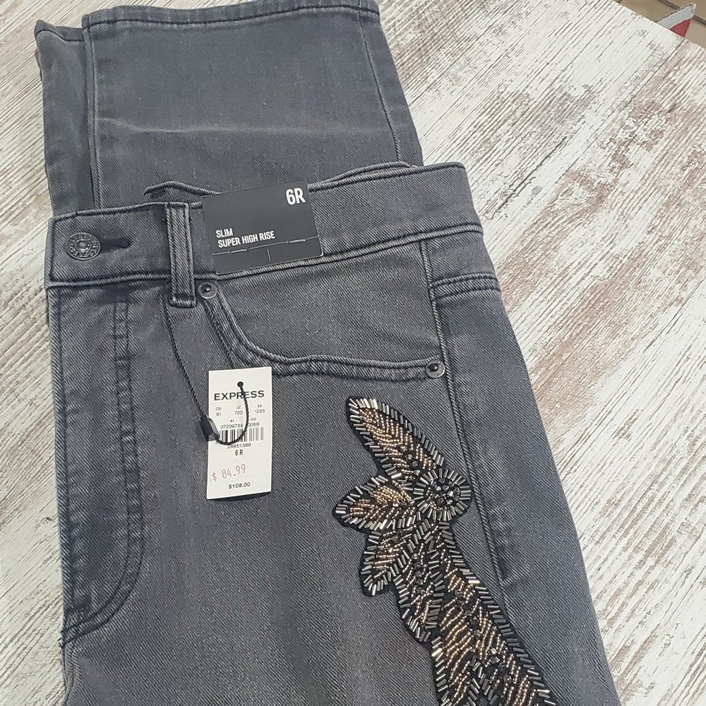 Super High Waisted Black Beaded Side Slim Jeans,6R