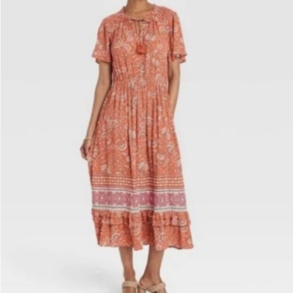 Knox Rose Floral Smocked Waist Maxi Dress, Orange- XL