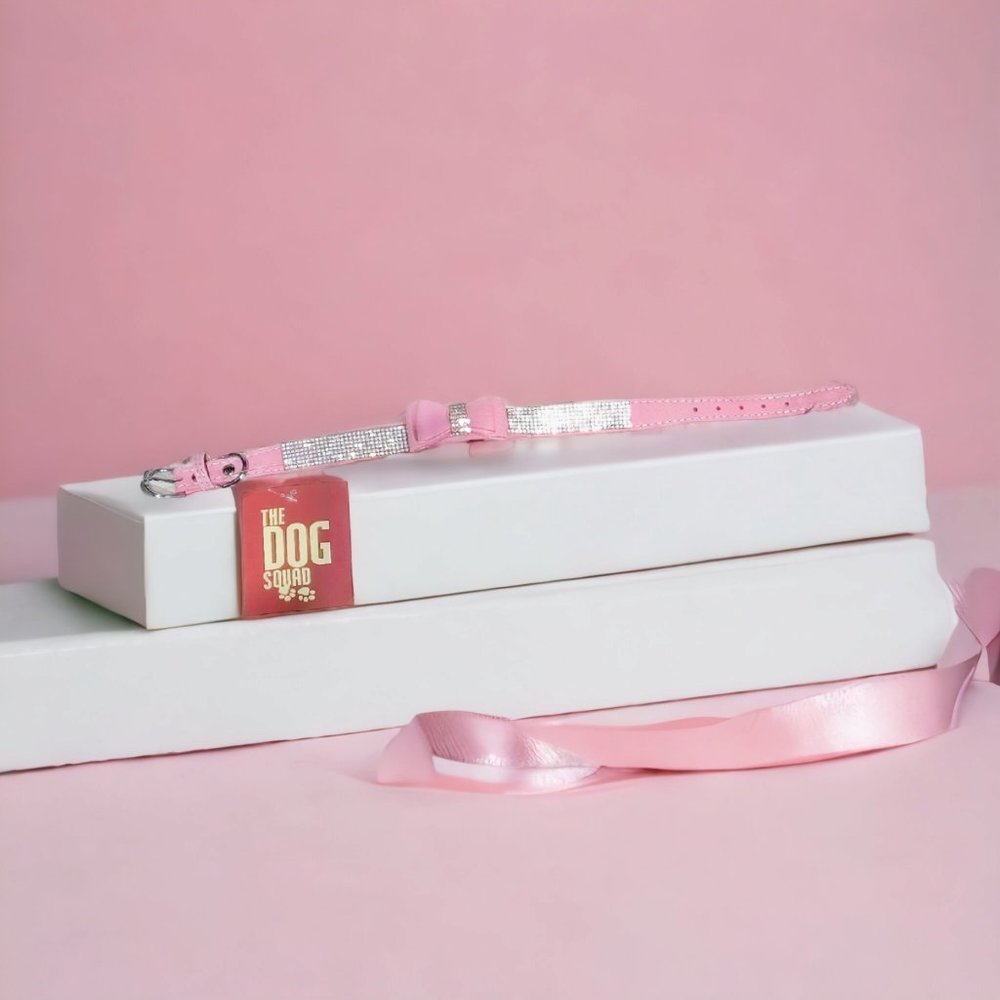 Rhinestone Pleather Dog Collar with Bow, Pink π