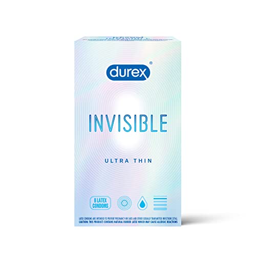 Condoms, Ultra Thin Lubricated Natural Latex, Durex Invisible Condoms, 8 Count - Ultra Sensitive, Lubricated, Transparent
