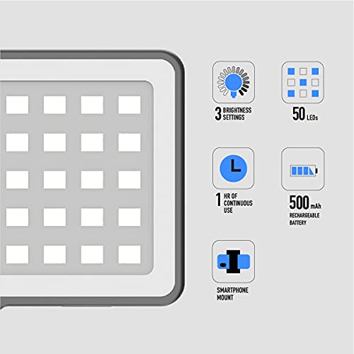 DigiPower GoViral - InstaFame - Super Compact 50 LED Video Light (3.5W) Features 350 Lumens, 3-Level Adjustable Brightness Includes Phone & Camera Adapter, 3 Color Diffusers & Micro USB Cable