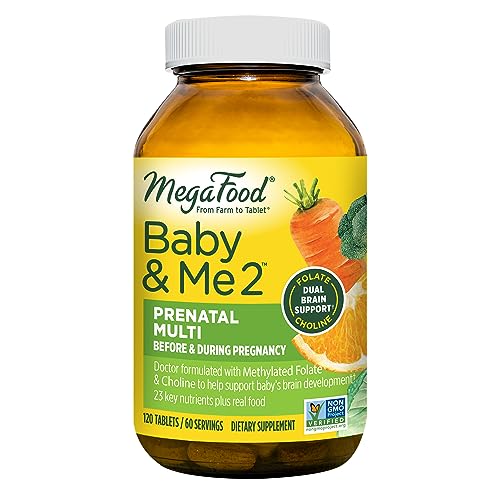 MegaFood Baby & Me 2 Prenatal Multi - Prenatal Vitamins for Mom & Developing Baby - Dr Formulated with Essential Nutrients Like Folic Acid, Choline, Biotin, and More - Non-GMO Tabs