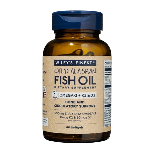 Wiley's Finest Wild Alaskan Fish Oil Vitamin K2 Softgels - 500mg of EPA and DHA Omega-3s for Bone and Heart Health Support - 60 Softgels (60 Servings)