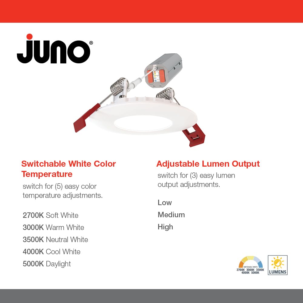 Juno WF Round Baffle LED Downlight, 120 Volts, 2700K/3000K/3500K/4000K/5000K, Triac Dimming, Flat Trim, Matte White