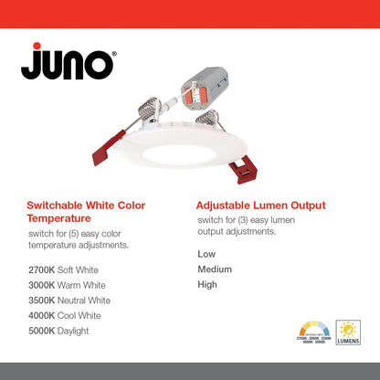 Juno WF Round Baffle LED Downlight, 120 Volts, 2700K/3000K/3500K/4000K/5000K, Triac Dimming, Flat Trim, Matte White
