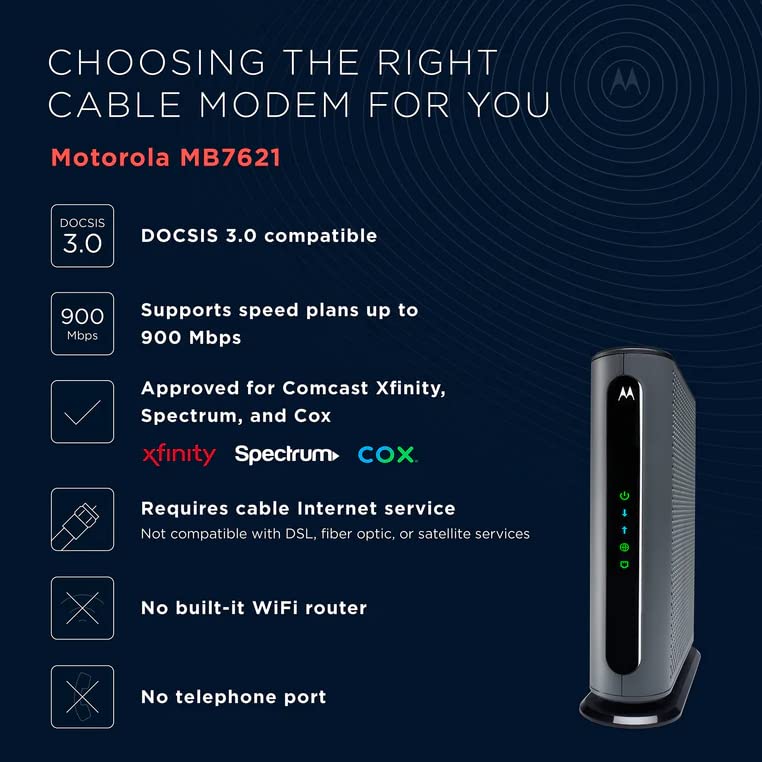 Motorola Cable Modem, from 1,000 Mbps up to 6 Gbps Max Speed. Approved for Comcast Xfinity Gigabit, Cox Gigablast, and More, Black