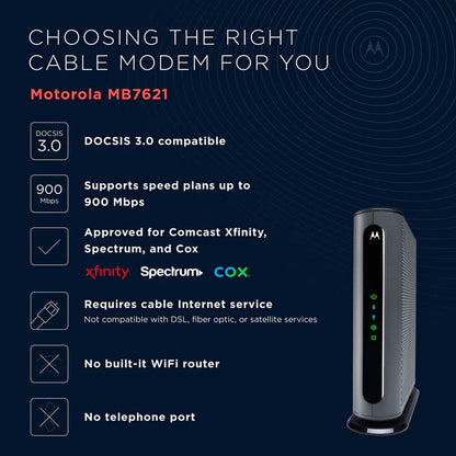 Motorola Cable Modem, from 1,000 Mbps up to 6 Gbps Max Speed. Approved for Comcast Xfinity Gigabit, Cox Gigablast, and More, Black