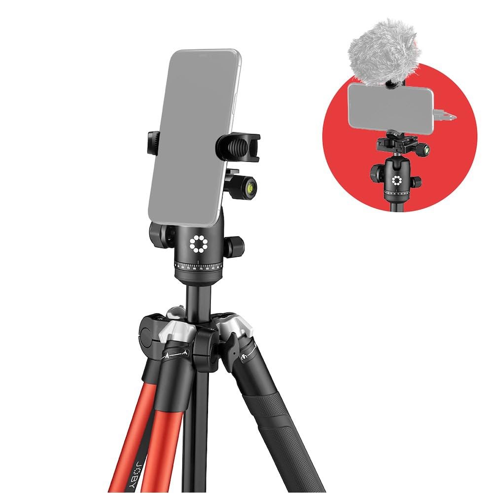 JOBY RangePod, Aluminium Traveller Camera/SmartphoneTripod with Ball Head, Universal Smartphone Clamp and Carrying Bag, for CSC,DSLR, Mirrorless, Mobile Phones, Red for Photo,Video, Vlogging, YouTube