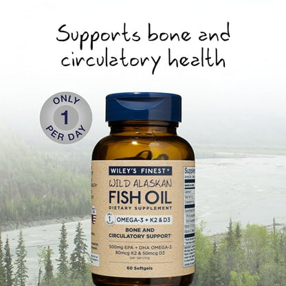 Wiley's Finest Wild Alaskan Fish Oil Vitamin K2 Softgels - 500mg of EPA and DHA Omega-3s for Bone and Heart Health Support - 60 Softgels (60 Servings)