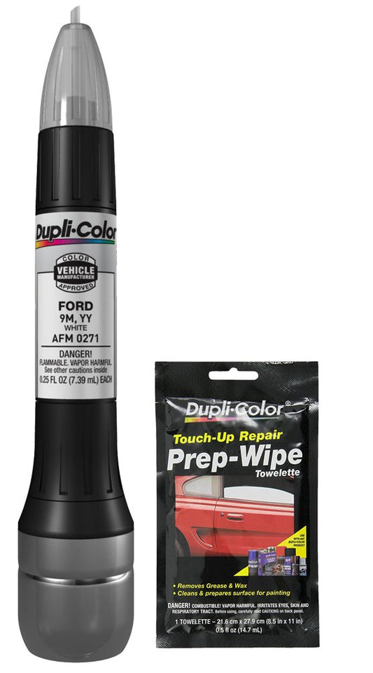 Dupli-Color AFM0271 White Exact-Match Scratch Fix All-in-1 Touch-Up Paint for Ford Vehicles (YY,9M) Bundle with Prep Wipe Towelette (2 Items)