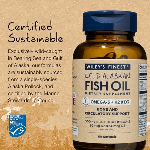 Wiley's Finest Wild Alaskan Fish Oil Vitamin K2 Softgels - 500mg of EPA and DHA Omega-3s for Bone and Heart Health Support - 60 Softgels (60 Servings)