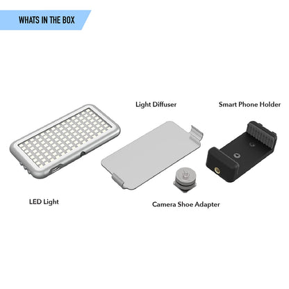 DIGIPOWER LED Video Light with 24 Brightness Levels, Colour Temperature Control and Light Filter, 112 LEDs + Universal Smartphone Holder for Mobile Phones, DSLR Cameras, Action Cams and Video Cameras