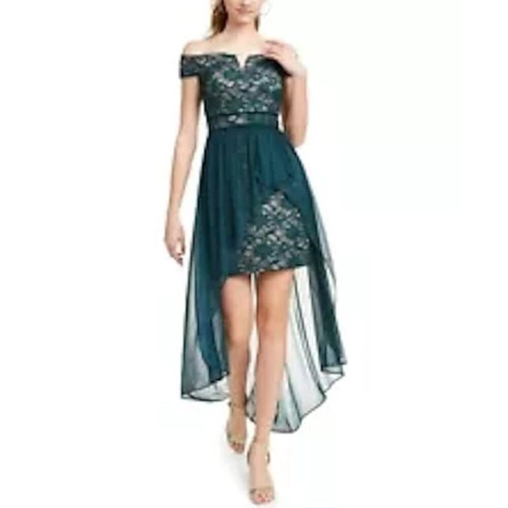 MORGAN & CO Womens Green Lace Short Sleeve Off Shoulder Maxi Hi-Lo Dress Jnrs 1