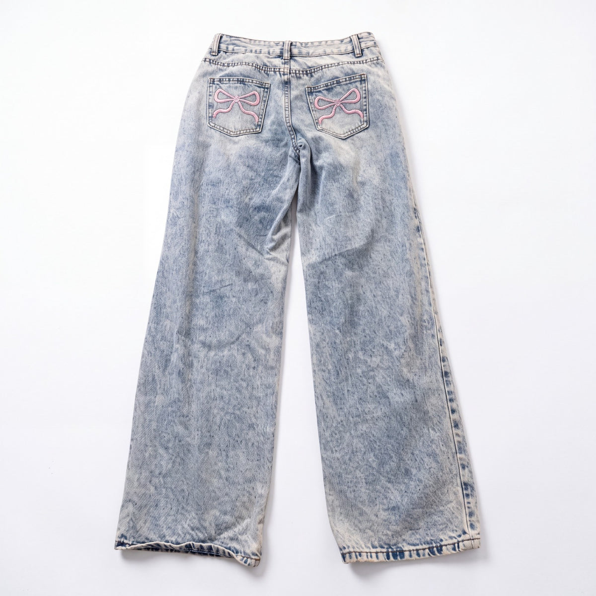 Telepatia Wide-Leg Jeans Light Wash with Pink Bow on Both Back Pockets NWT