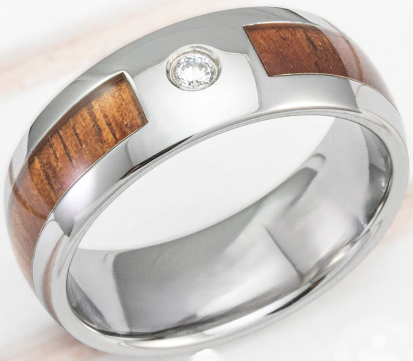 8mm Tungsten Koa Wood Inlay with CZ Band - Dome Shape, Comfort Fit