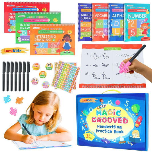Magic Grooved Writing Practice for Kids Ages 3-8, Reusable Grooved Handwritin...