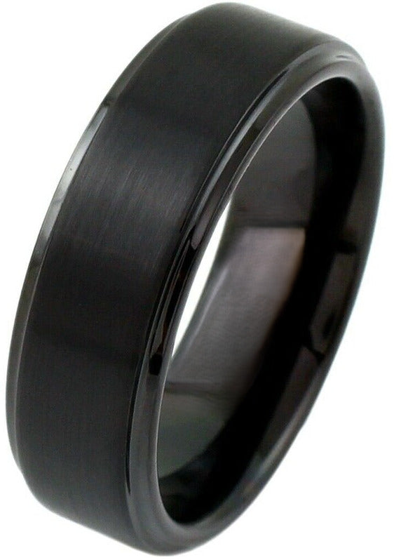 6mm or 8mm Black Tungsten Brushed Stripe Step Edge Band