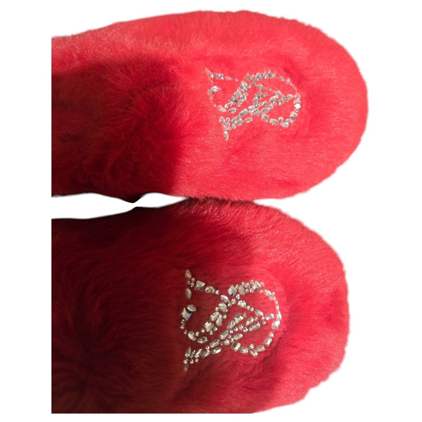 VICTORIA'S SECRET RED FAUX FUR COZY SLIPPERS | BLING VS LOGO | SIZE SMALL
