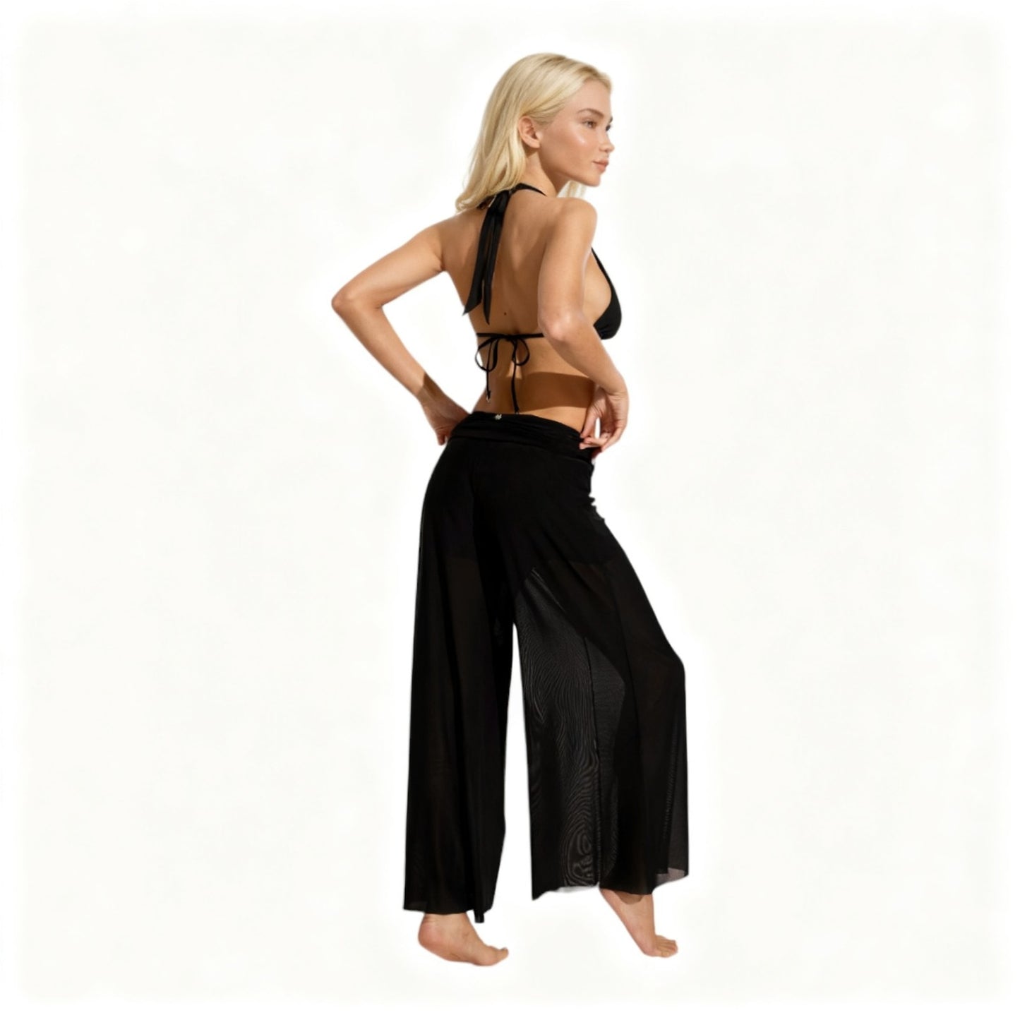 VICTORIA'S SECRET SWIM Black Beachwear Wide-Leg Pants & Mesh Cowl Halter Top